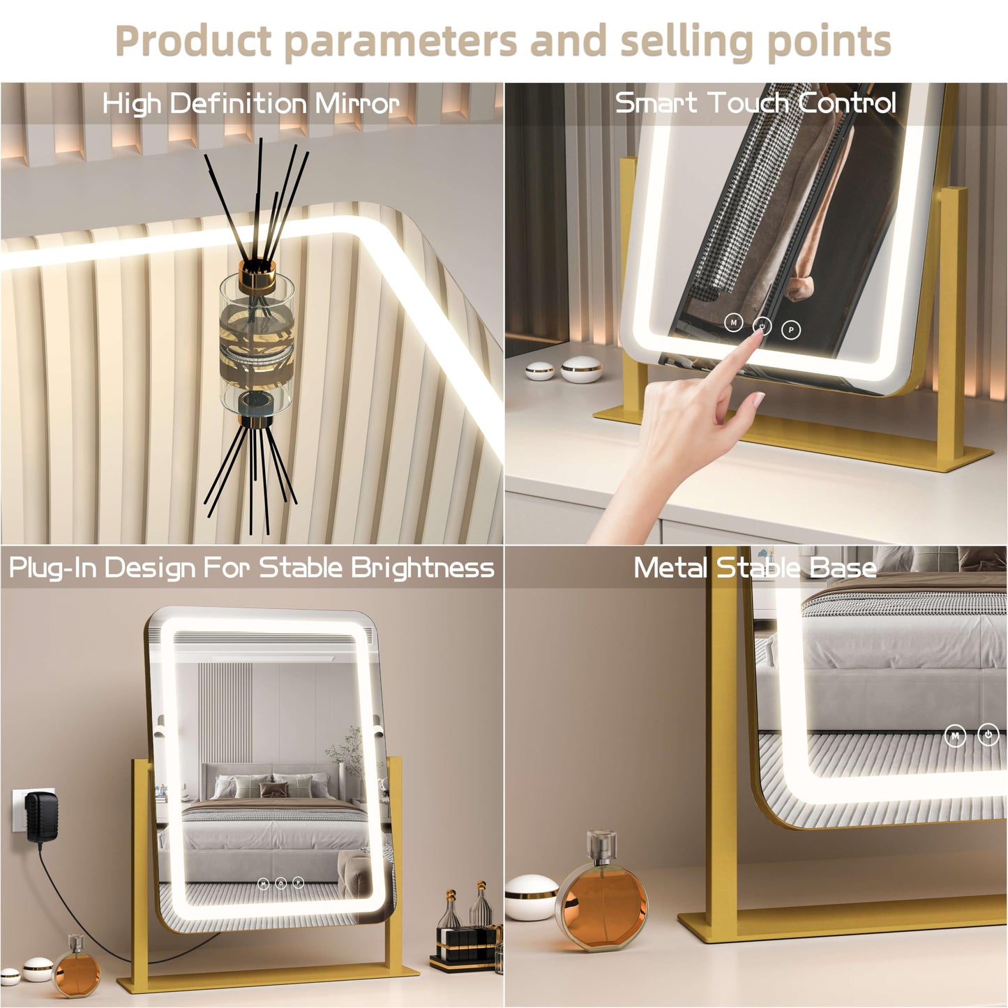 Vanity Mirror with Lights,13.1"×16.7"LED Makeup Mirror,Lighted Makeup Mirror with Lights, Smart Touch Control Dimmable 3 Modes Light, Lighted Up Mirror for Makeup Desk, Bedroom, Dressing Room