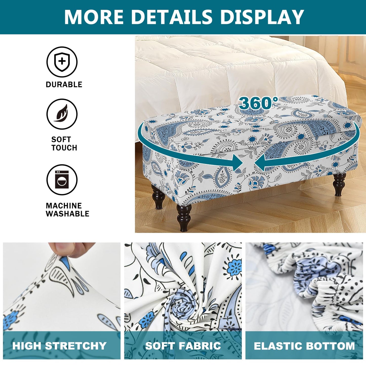 KRFOONN Rectangle Ottoman Covers Stretch Folding Storage Ottoman Bench Cover Printed Storage Footstool Covers Footrest Stool Slipcover Furniture Protector for Living Room Bedroom Bench (Medium, 10)
