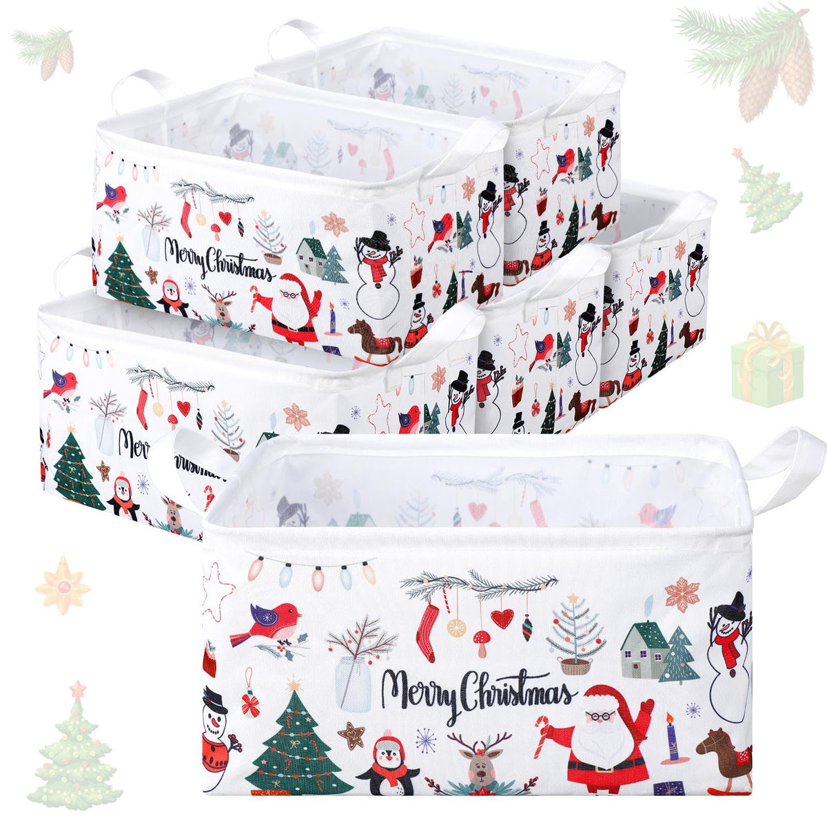 Maxcheck 6 Pcs Large Christmas Basket for Gifts Empty Foldable Xmas Gift Basket Rectangle Christmas Santa Present Storage Bin Fabric Cubes Containers Boxes with Handles for Present Cloth Toy