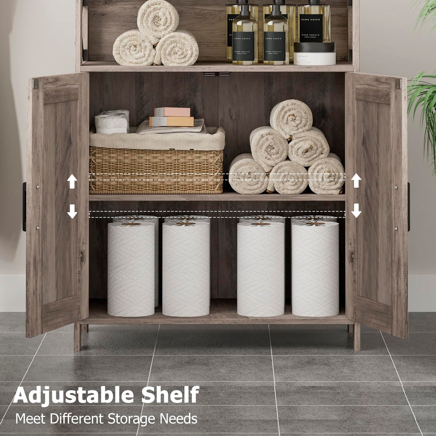Homhedy Farmhouse Bathroom Storage Cabinet with 2 Doors, Toilet Paper Cabinet with Adjustable Shelf, Small Bathroom Cabinet for Kitchen/Laundry/Living Room, 11.8 x 23.6 x 31.5 Inches, Greige