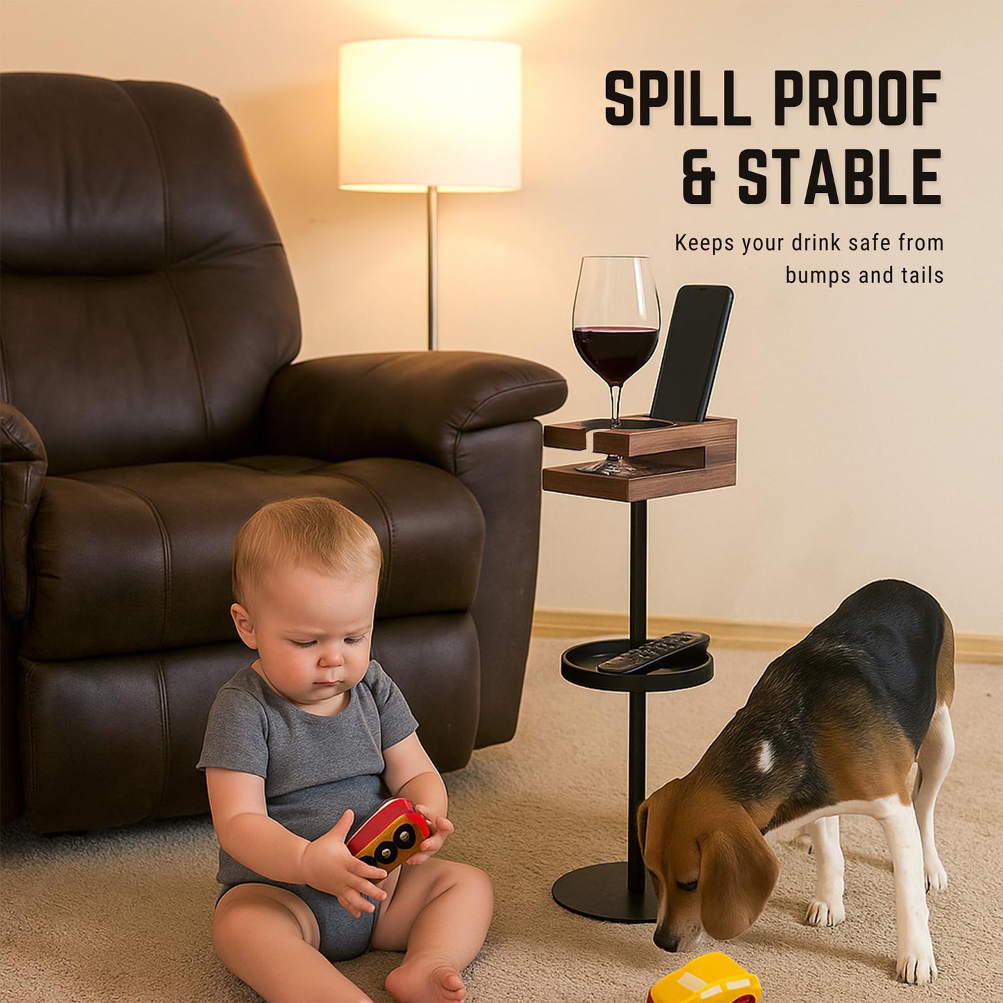 Bambrythm Drink Table for Small Spaces - Slim Pedestal Side Table with Real Wood Top & Stable Base for Coffee & Cocktails - Ideal for Tight Living Room & Bedroom Spaces (Sapele)