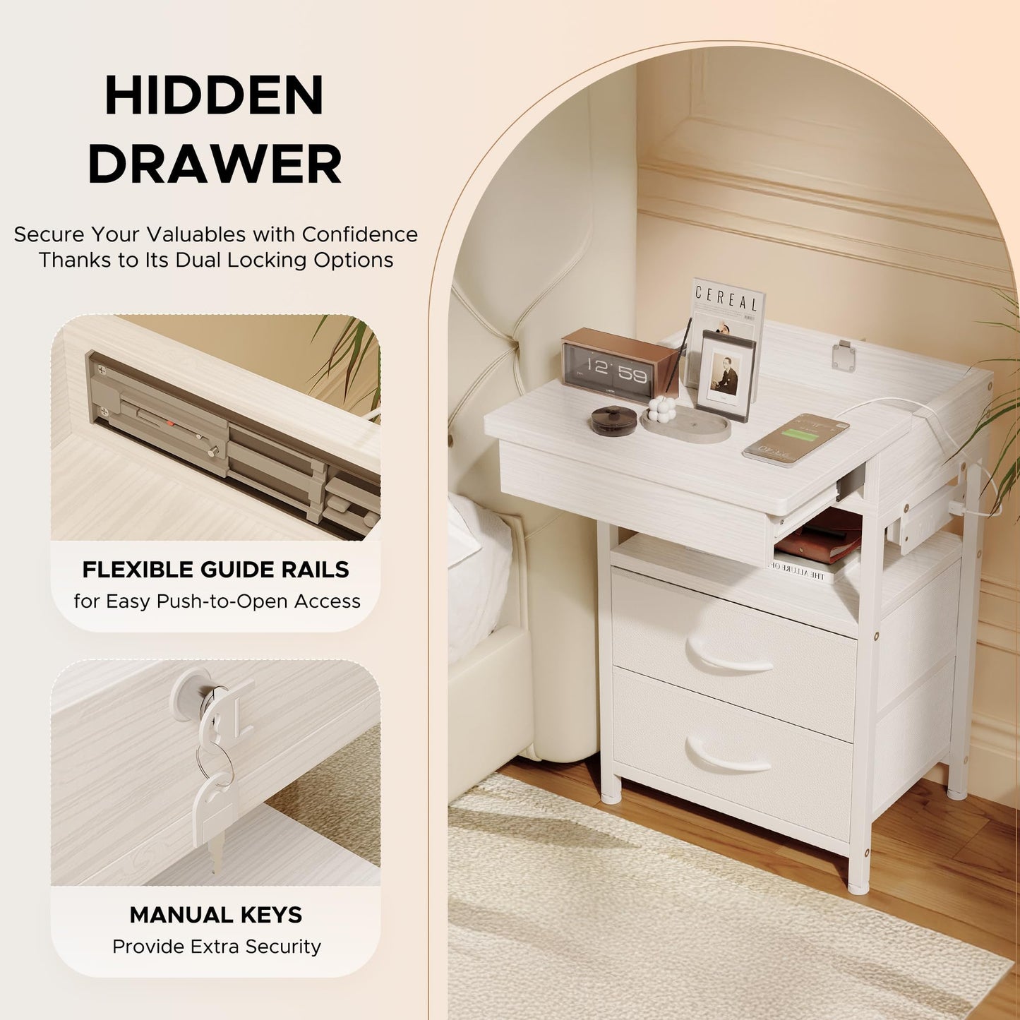 Nightstand Bedside Table Hidden Drawer - Night Stand with Charging Station and Sliding Top Storage, Bed Side Table with 2 Fabric Drawers, Modern Nightstand for Bedroom Dorm Living Room, White