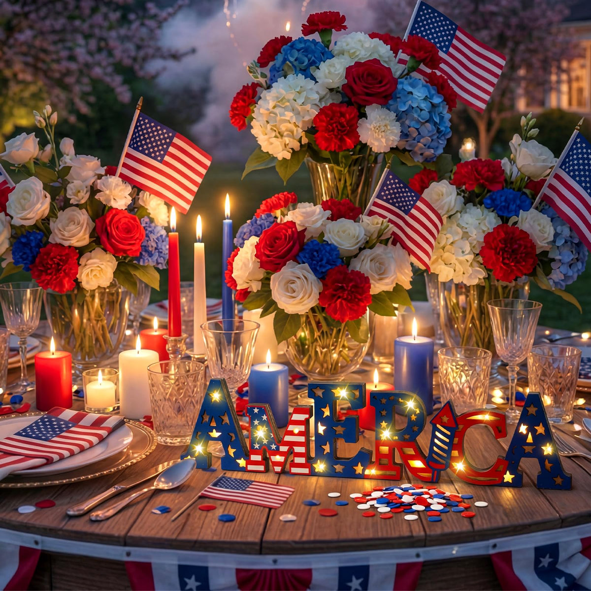 Geetery America LED Wooden Sign Patriotic Wooden Words Sign 4th of July Tabletop Centerpiece Decor 250th Anniversary Decorations for Independence Day Memorial Day Party Home Office