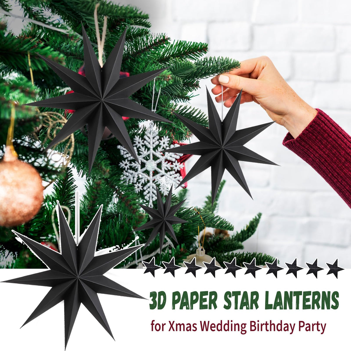 WNSIRVY 5 Pack 9-Pointed Large 3D Paper Star Lanterns with Glitter Star Garland Black Hanging Star Lanterns Lampshade for Halloween Christmas Themed Party Home Wedding Birthday Decorations (Black)