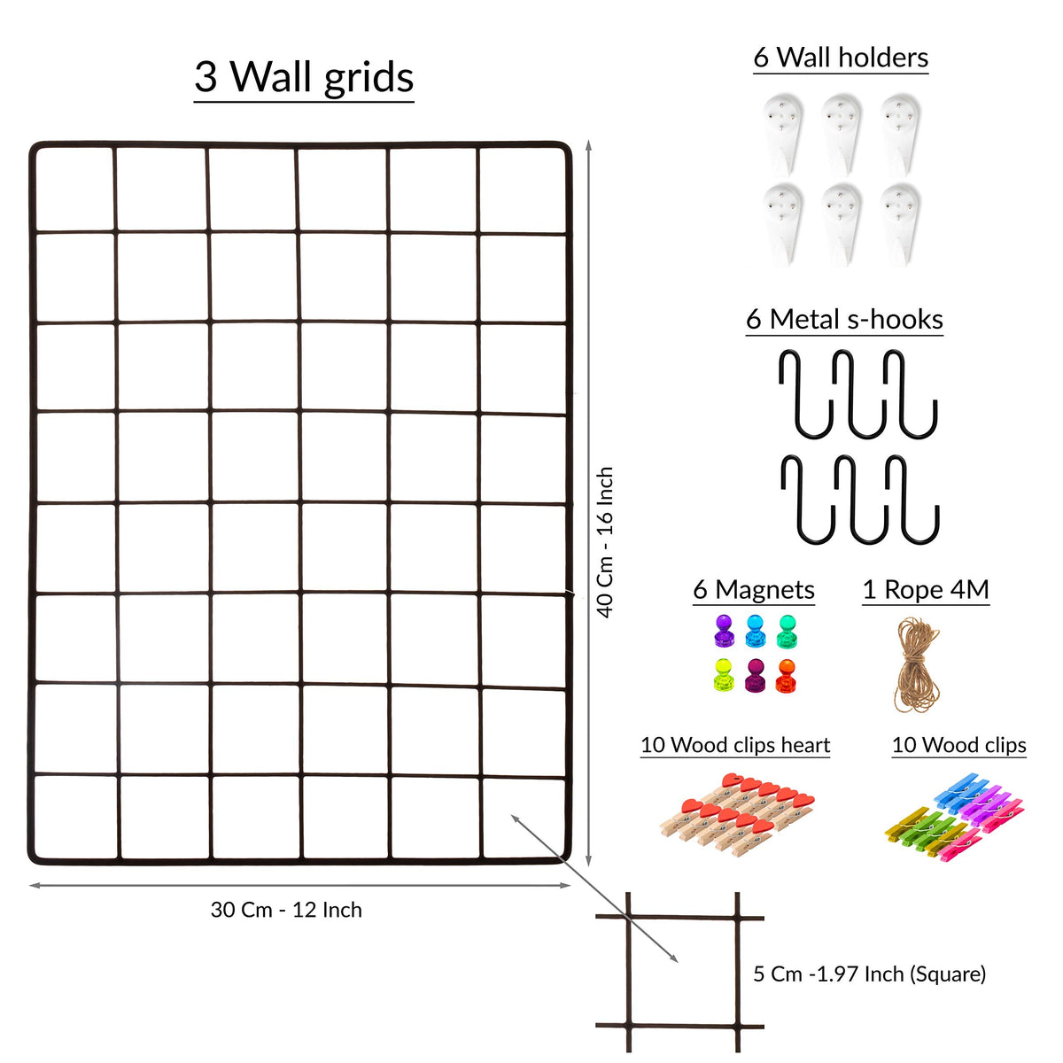 ODOXIA 3-Pack Wire Wall Grid Panel | Photo Grid Wall Decor | Metal Board for Hanging Pictures | Black Wire Organizer for Home, Office & Kitchen | Panel for Display & Storage
