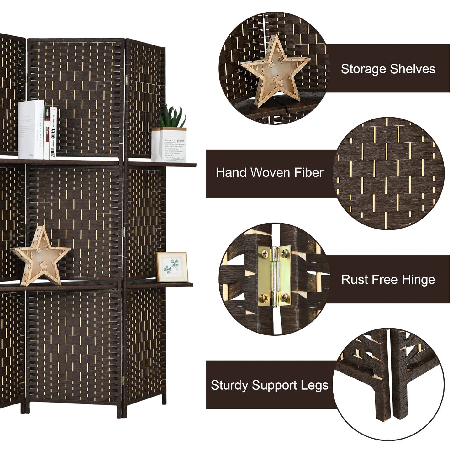 Giantex 6Ft 6 Panel Room Divider with Shelves, Freestanding Hand-Woven Rattan Folding Privacy Screens for Room Separation, Wooden Partition Room Divider Wall for Home Office Studio Separator