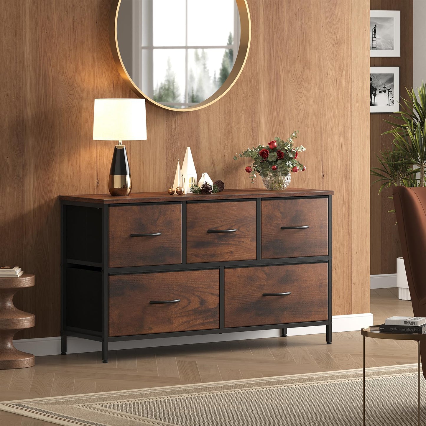 OLIXIS 5 Drawer Dresser for Bedroom, Closet Chest Organizer Furniture, TV Stand for Living Room Hallway, Wide Fabric Storage Tower with Wooden Top and Metal Frame, Brown