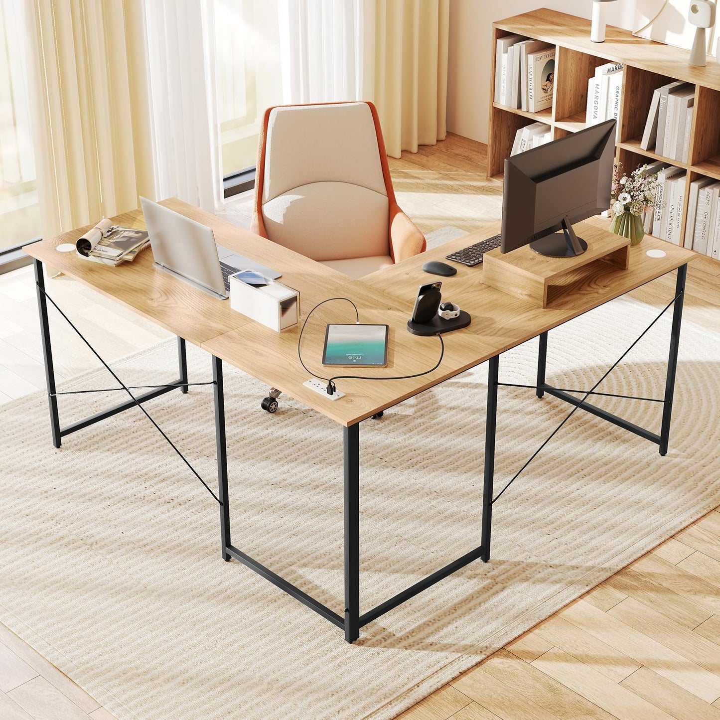 Tangkula L-Shaped Computer Desk with Power Outlets, 95” Long 2-Person Desk with Monitor Shelf, Modern Corner Desk Gaming Table with USB Ports for Home Office