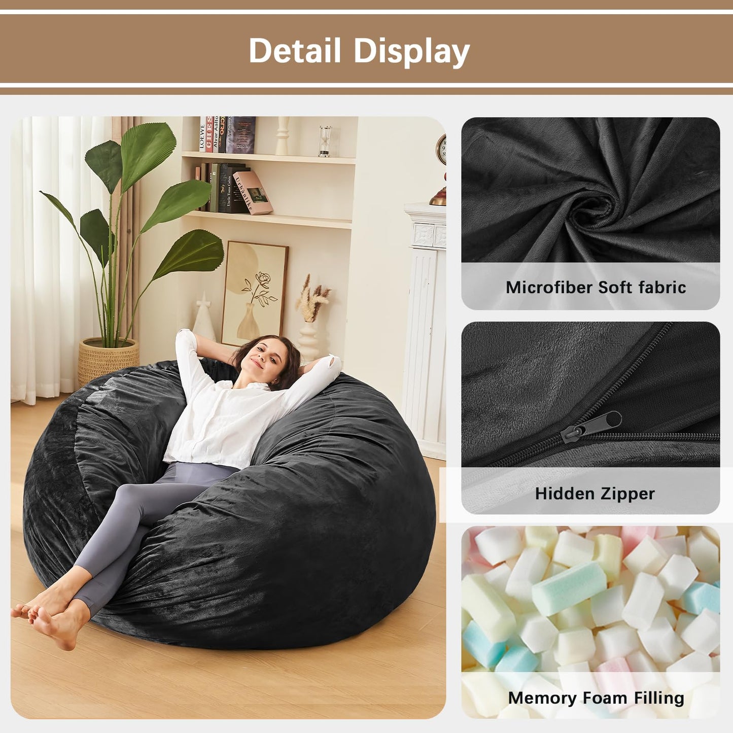 ILPEOD Bean Bag Chairs for Adults - Memory Foam Furniture BeanBag Chair - Kids/Teens Sofa with Soft Micro Fiber Cover - Round Fluffy Couch for Living Room Bedroom College Dorm - 5 ft, Carbon Black