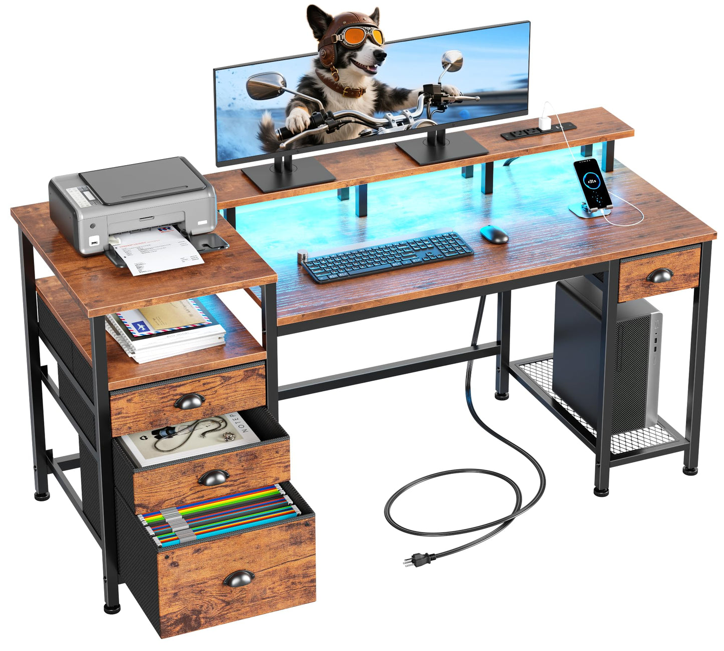 Furologee 60" Computer Desk with File Cabinet and Storage Shelves, Reversible Home Office Desk with LED Lights, Full Monitor Stand, Power Outlets, Study Gaming Table with 4 Drawers, Rustic Brown