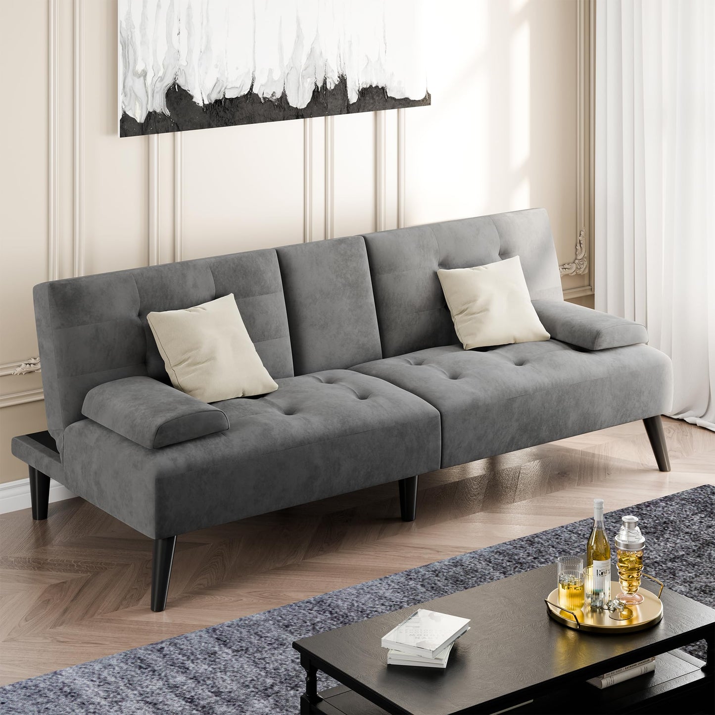 Shintenchi Futon Sofa Bed, Velvet Foldable Couch, Reclining Sleeper with Removable Armrests, Upholstered Loveseat Sofa Couch with Folding Cup Holders for Home, Office, Dark Grey