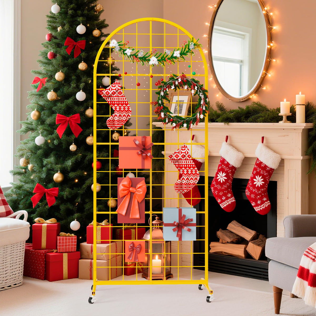 VGMiu Grid Wall Panel 1PCS Display Stand 2' x 5.2' FT Gold Grid Wall Panels Movable Retail Display Racks Floorstanding Gridwall Heavy Duty with Wheel for Art Craft Photo Displays Fair Trade Show