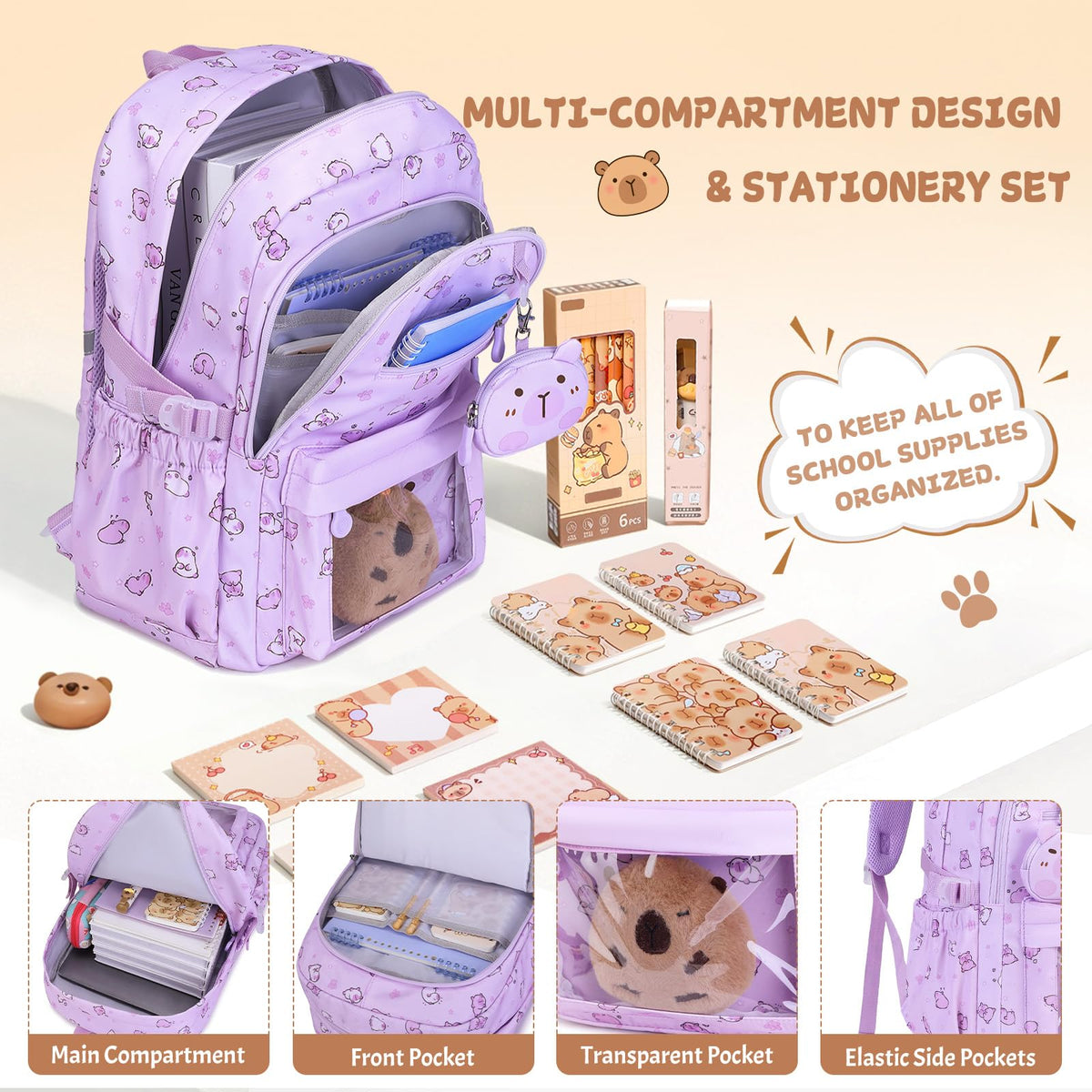 Similove Capybara Theme Backpack for School Girls, 35PCS Kids Backpack Set with School Supplies Stationery Kit Lunch Box Pencil Case, Cute Girls Bookbag for Kindergarten Elementary Student