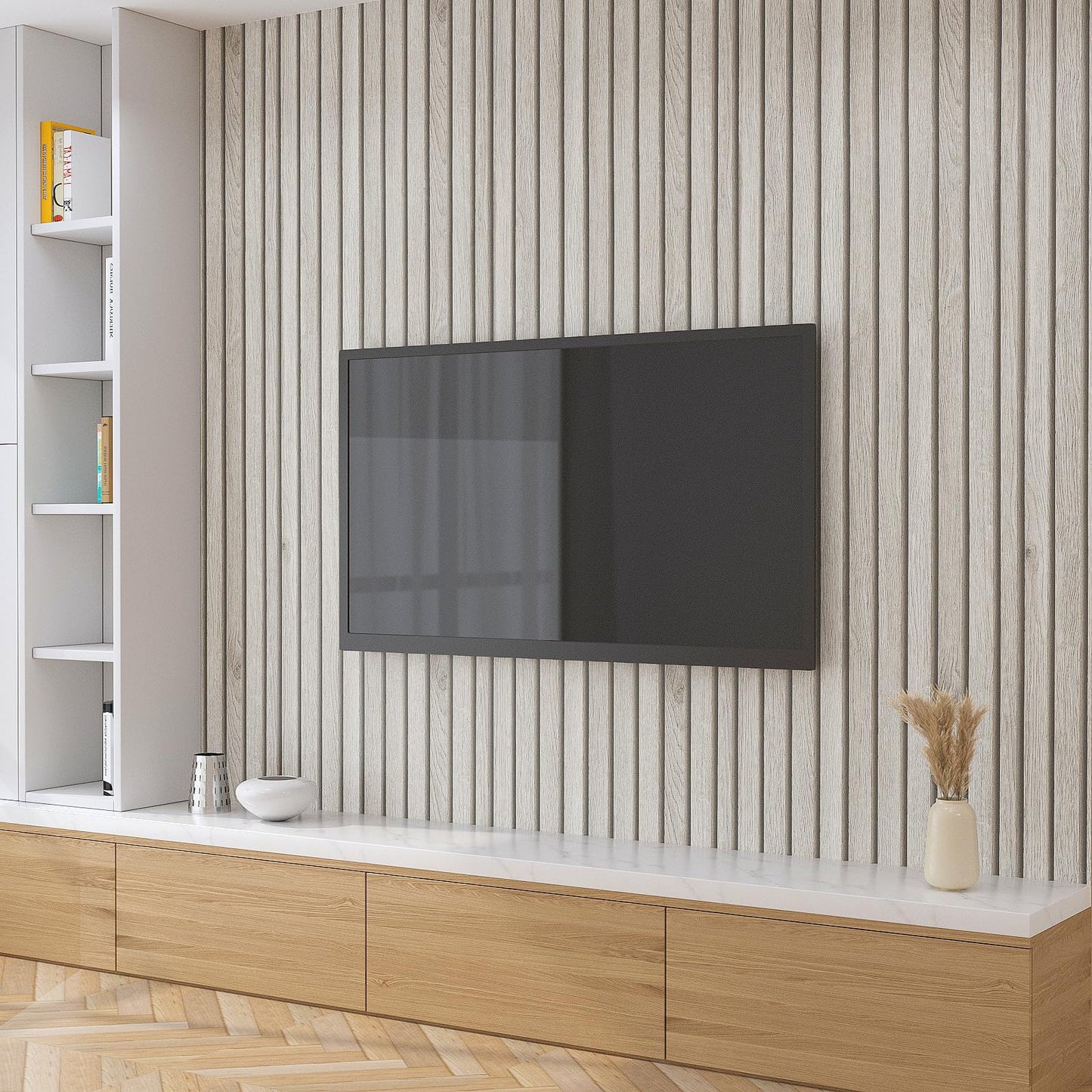 VaryPaper Grey Wood Slat Wallpaper 15.7''x78.7'' Wood Panel Wallpaper Peel and Stick Wood Grain Contact Paper for Cabinets Waterproof Self Adhesive Removable Wood Wall Paper Roll for Bedroom Bathroom