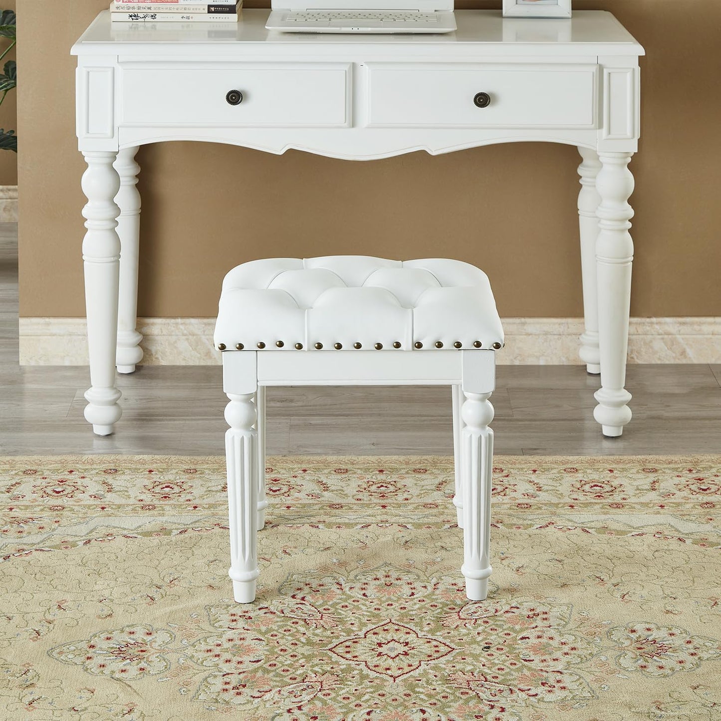 KIVSON Vanity Bench Stool with Microfiber Leather Cushion, Vanity Chair Ottoman Dressing Stool with Solid Wood Legs for Bedroom, Makeup Room, Dressing Room, Easy Assembly (White)