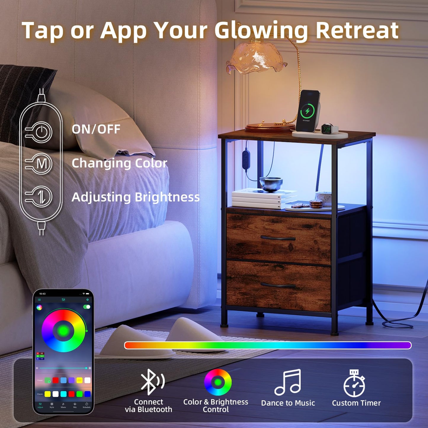 Somdot 2 Drawers Nightstand with Charging Station and LED Light for Bedroom, Small Dresser with Fabric Bins for Bedside Kids Dorm Room Closet Laundry Entryway, Wood Grain Print