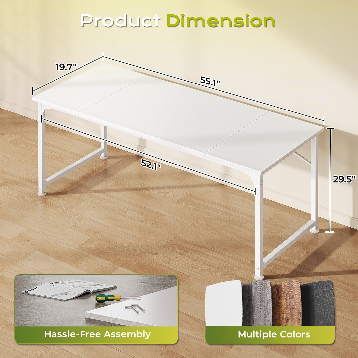 PRAISUN 55 Inch Computer Desk, Home Office Desk with Spacious Desktop, Modern Gaming Desk, Writing Study Table for Bedroom, Small Spaces, Work from Home Desk with Metal Frame, White