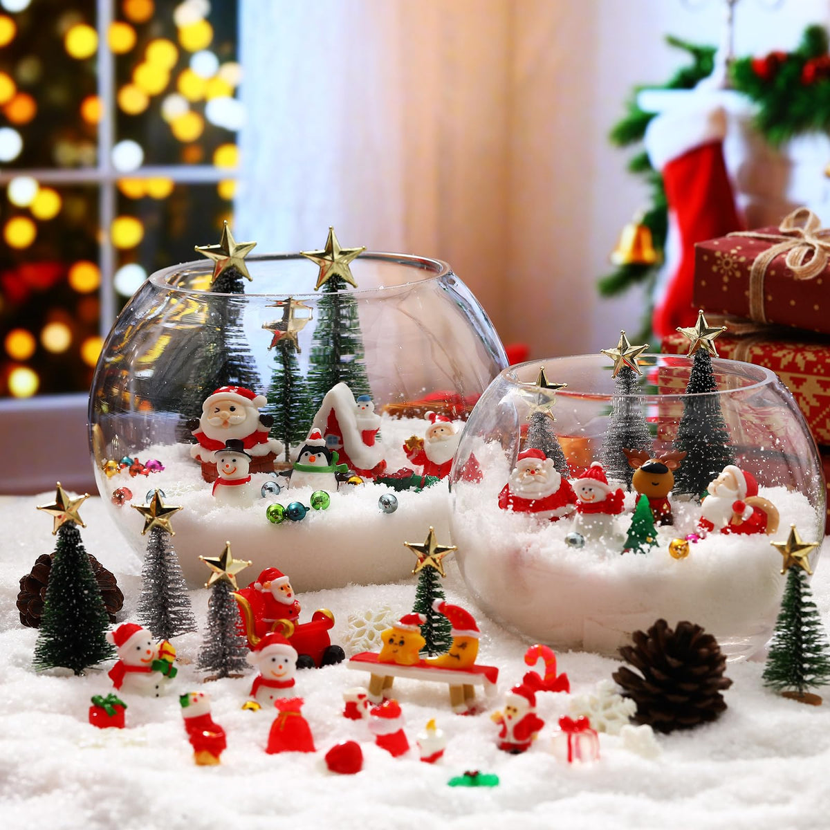 Roowest 96 Pcs Miniature Ornaments for Snow Globe Kit DIY Christmas Village Decoration Christmas Figurines Mini Ornaments with Snowman Reindeer Santa Claus Snowflake(Dark Green Light Green Silver)