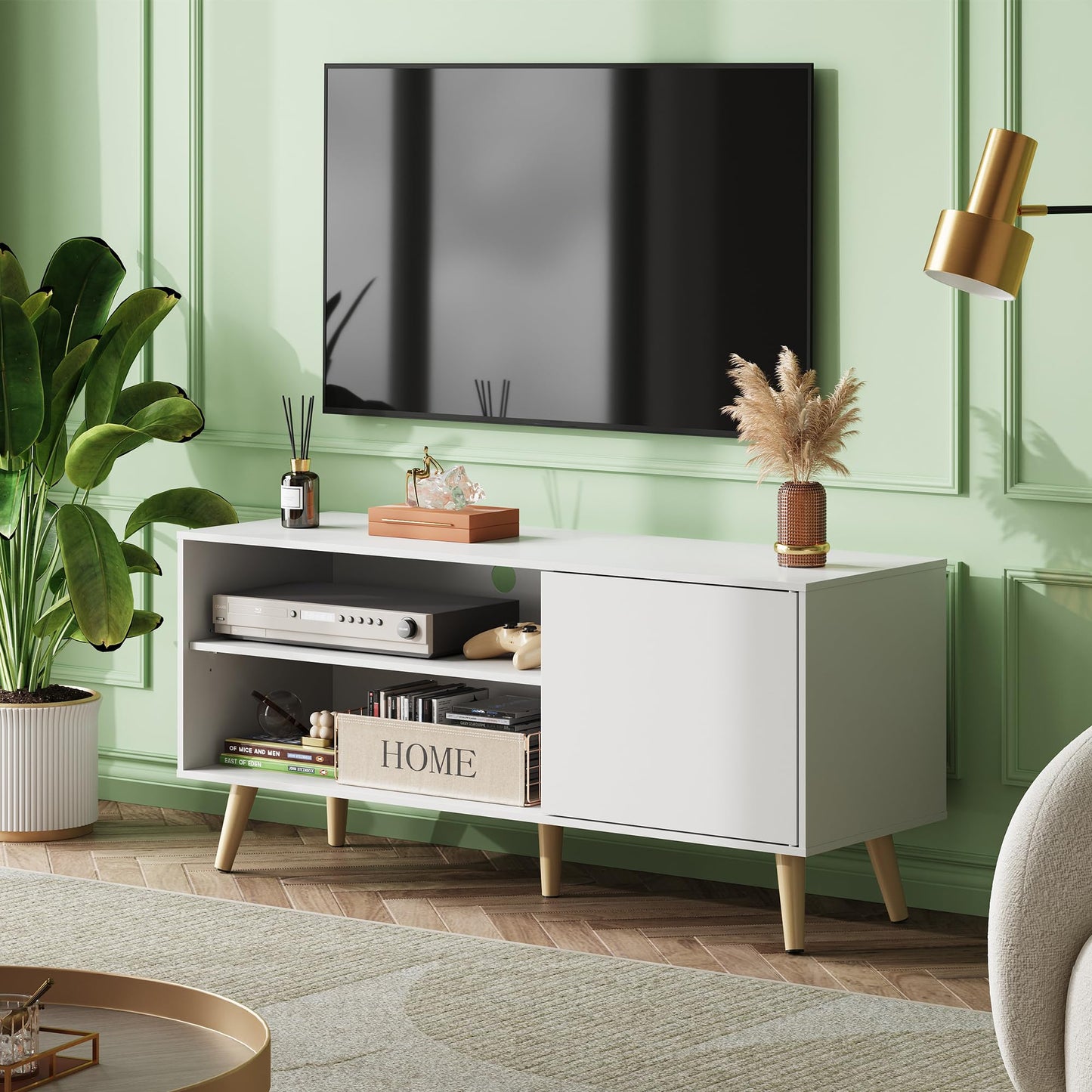 WLIVE TV Stand for 55 Inch TVs, Entertainment Center with Storage Cabinet, Mid-Century TV Stands for Living Room and Bedroom, 50" TV Console, White