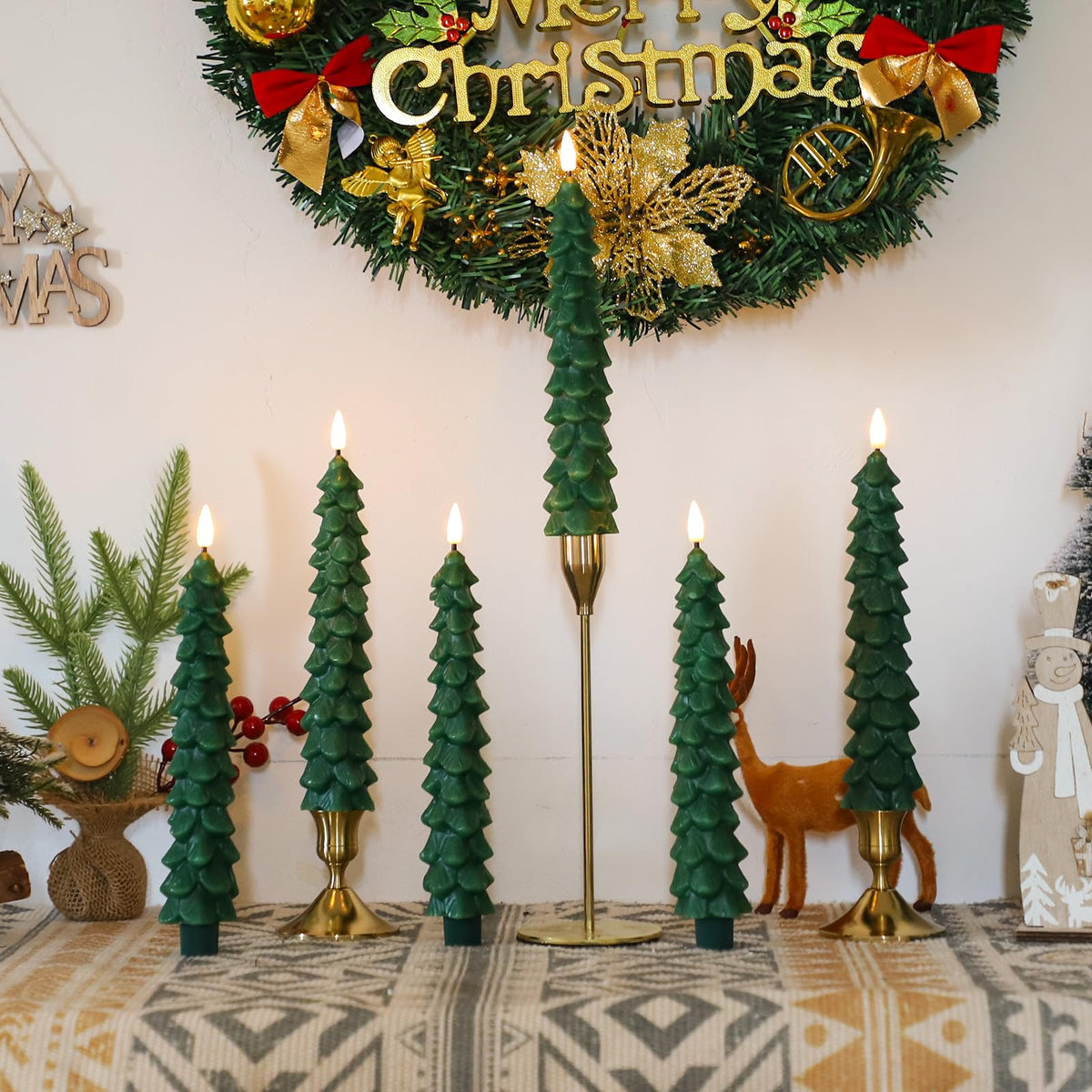 Lezonic 6Pcs Flameless Christmas Tree Candles with Remote Timer, LED Taper Candles Battery Operated Flickering Flame, 10 Inches Green Real Wax Window Candlesticks for New Year Xmas Decorations