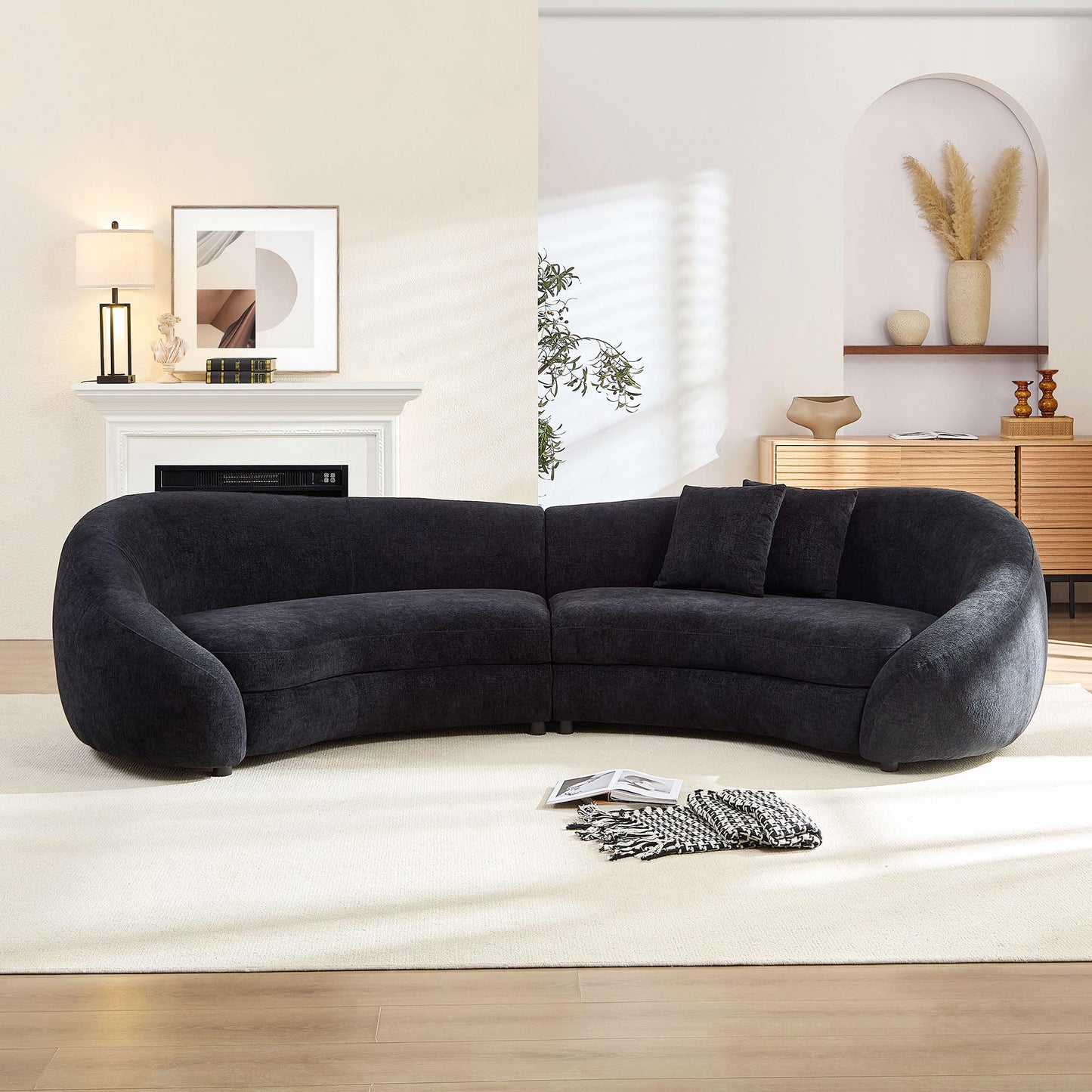 BBTJOINT Modern Curved Sectional Sofa, Contemporary Black Velvet Upholstered Couch, SemiCircular Design loveseat, Living Room Furniture,Half Moon Chaise