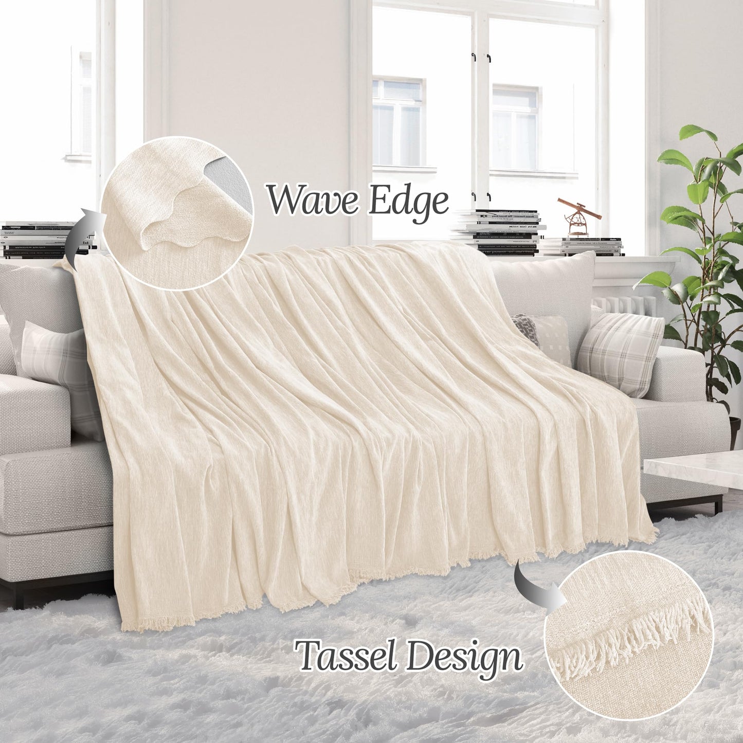 HDCAXKJ Corner Sectional Couch Covers for Dogs L Shape Sofa Cover with Tassel Chenille Soft Non Slip U Shaped Couch Cover Blanket Washable Sectional Slipcover Protector (Cream White, 91x276 inch)