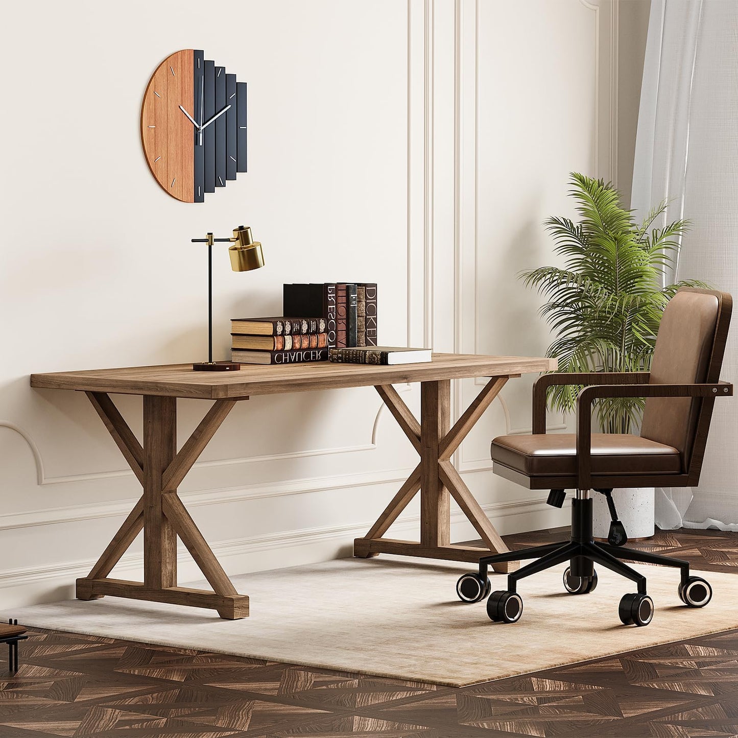 homary 59.1" Solid Wood Executive Desk, Rustic Farmhouse Home Office Desk with X-Trestle Base, Compact Writing & Computer Table for Home Office or Study Room