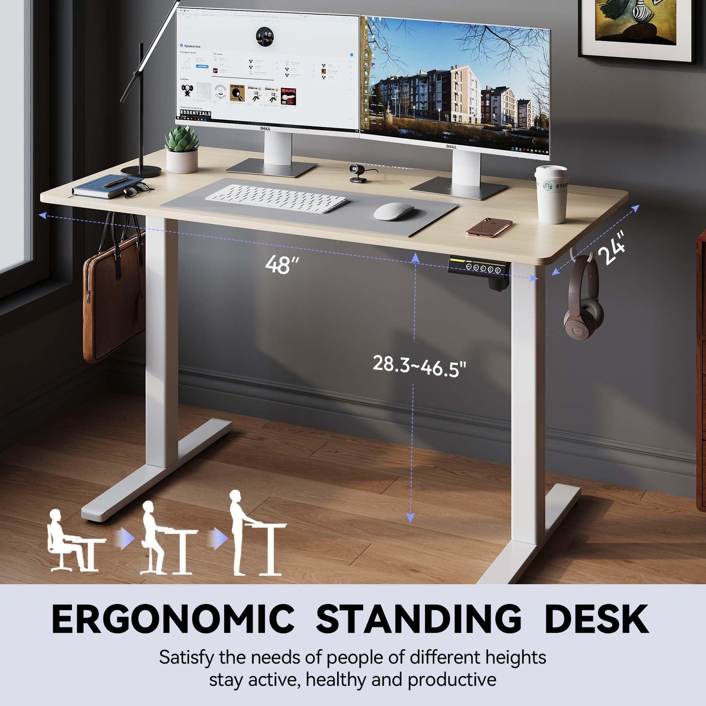 Gamork Electric Standing Desk,48x24 Inches Adjustable Height Stand up Desk, Sit Stand Home Office Desk with Splice Board, 3 Preset Heights,Equipped with Hooks,Ergonomic Computer Workstation，Nature