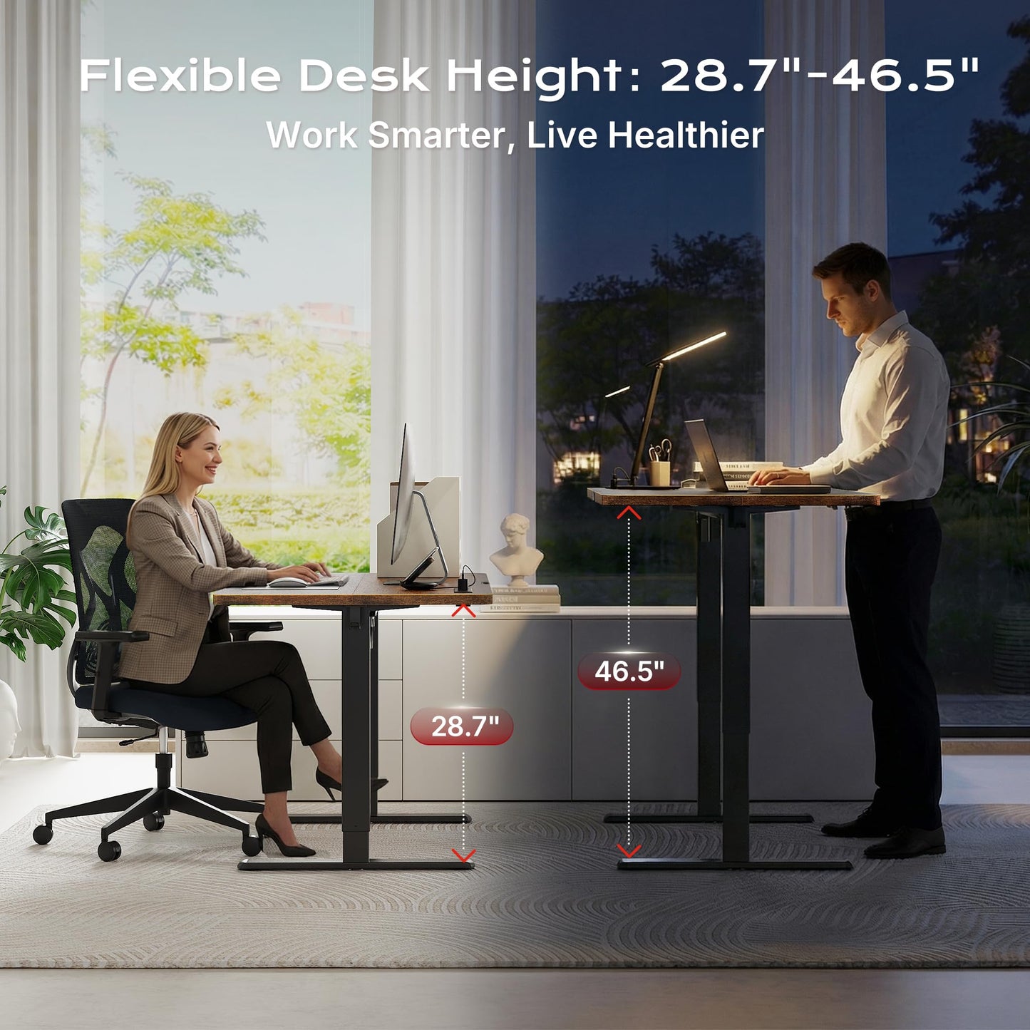 Huuger Electric Standing Desk with Power Outlets and USB-C Port, 47 X 24 Inch Height Adjustable Desk, Sit Stand Desk for Home Office, Computer & Gaming Desk with 4 Presets, Rustic Brown