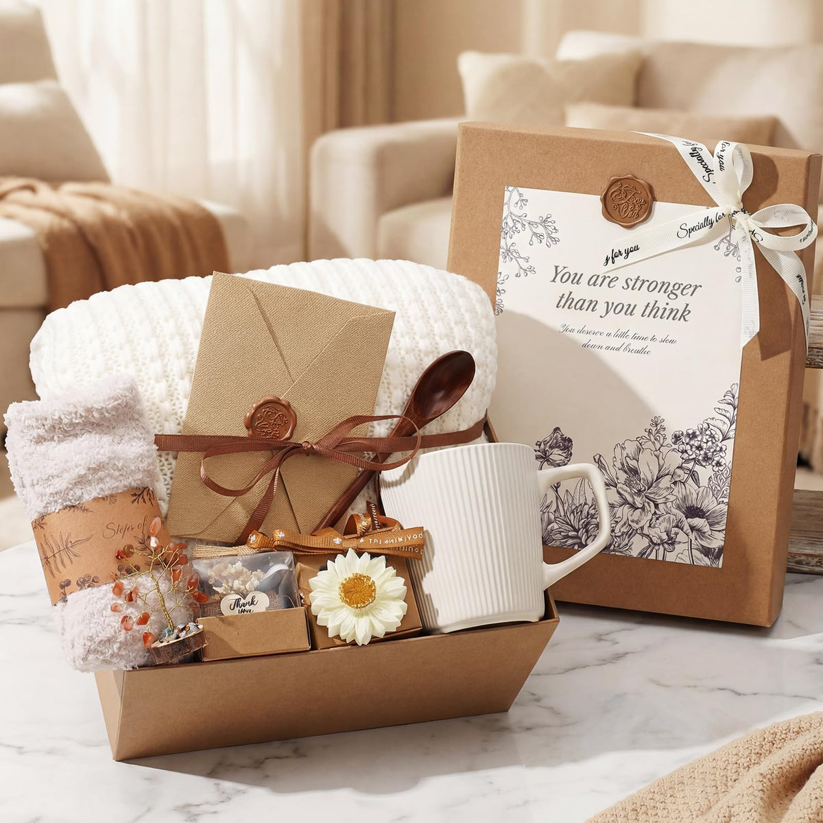 Get Well Soon Gifts Baskets for Women, Thinking of You Gift Comfort Gifts with Healing Crystals Tree, Sympathy Gift Feel Better After Surgery Recovery Wellness Hug in a Box for Her Mom Friends, Beige