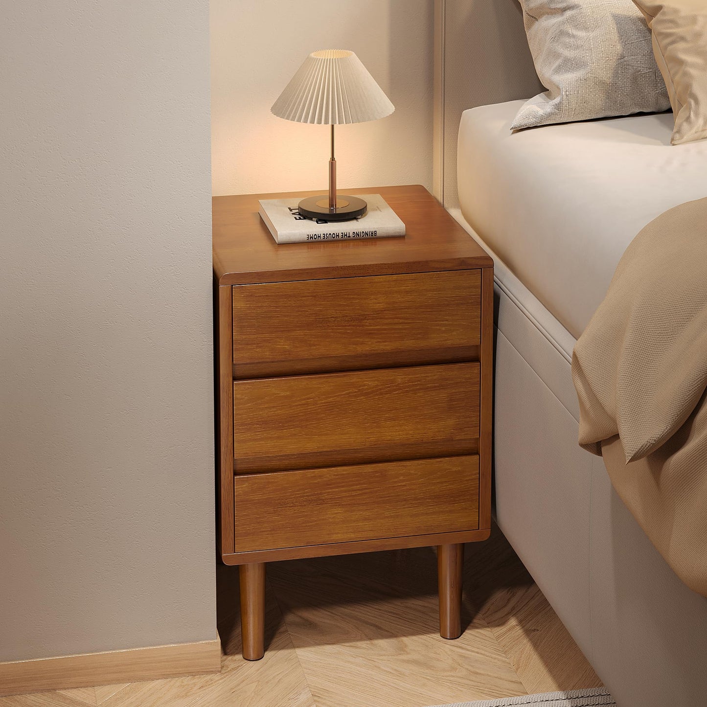 Nightstand with 3 Drawers Narrow Night Stand Solid Wood Bedside Table Mid Century Modern Nightstand Wooden End Table for Bedroom, Study, Office