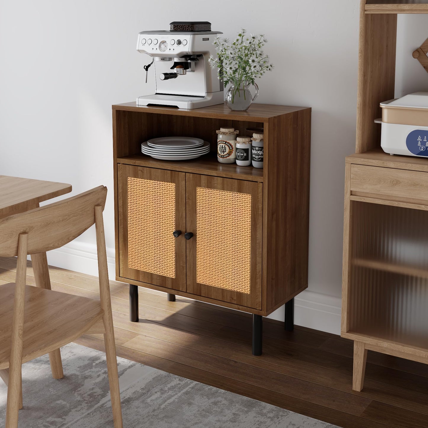 DongRong Rattan Storage Cabinet, Boho Accent Cabinet with Double Doors, Small Freestanding Sideboard for Hallway, Laundry Room,Kitchen, Dining Room, Entryway (Walnut)