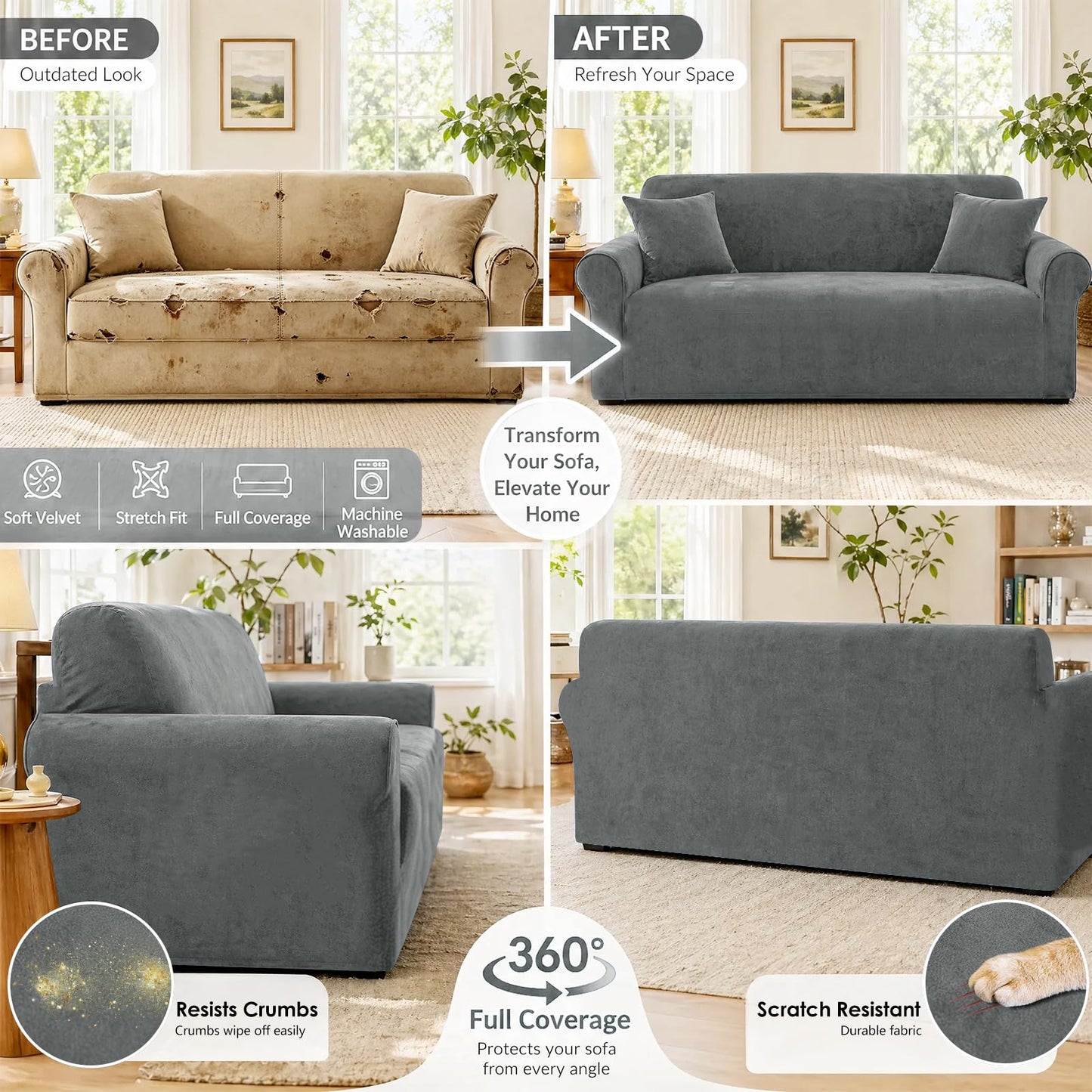 YEMYHOM Real Velvet Couch Covers for 2 Cushion Couch High Stretch 1 Piece Loveseat Slipcover for Pets Dogs Anti Slip Love Seat Sofa Slipcover Furniture Protector (55"-69", Gray)