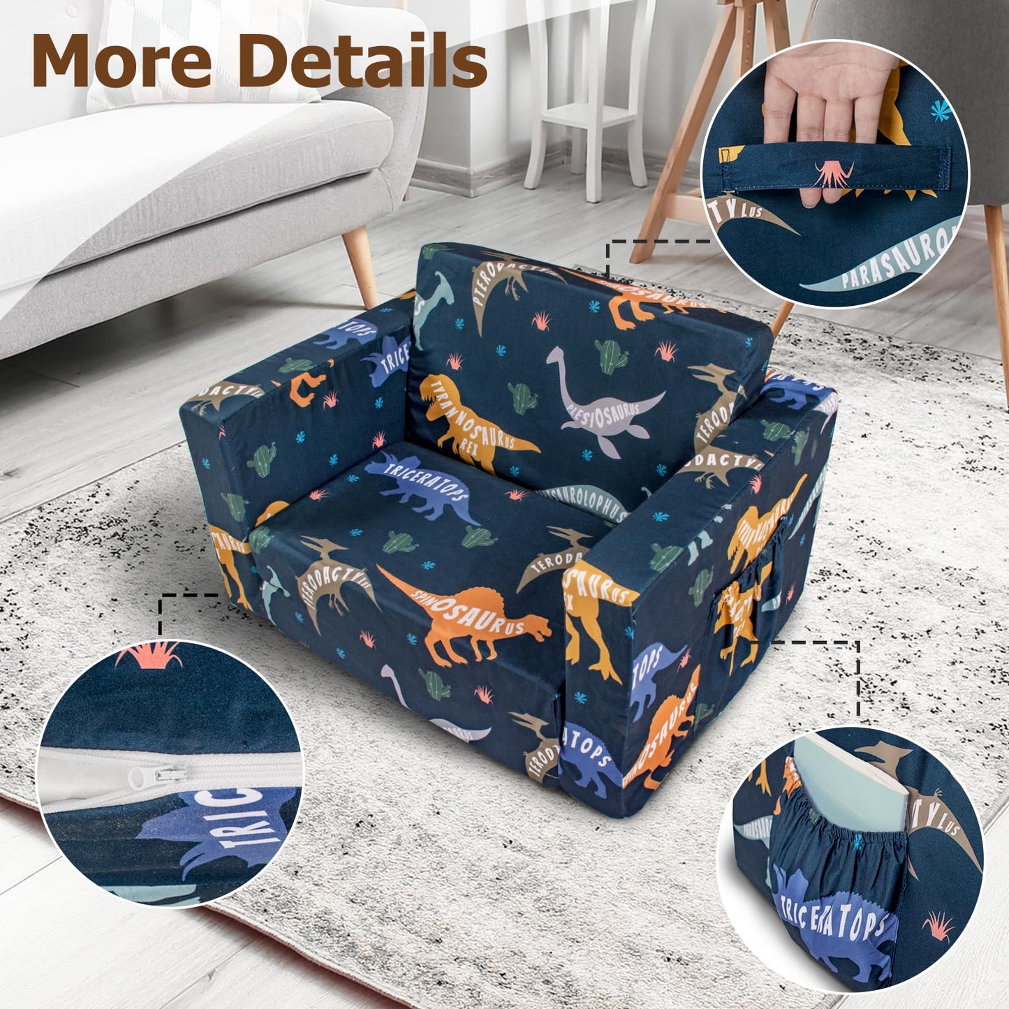 Beavtaens Kids Couch, 2-in-1 Kids Fold Out Couch, Convertible Kid Sofa to Lounger for Girls and Boys, Soft Toddler Chairs Comfy 1-3 Years Old (Dinosaur)