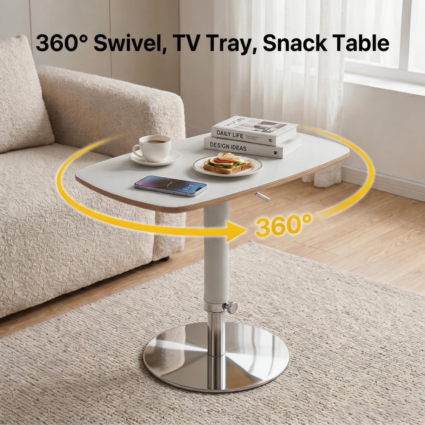 TV Trays for Eating on Couch, Adjustable Height 360° Swivel TV Tray with Saddle Faux Leather Top, Heavy Duty Snack Table for Sofa Bed Recliner, C Shaped Side Table for Laptop Dinner Small Spaces
