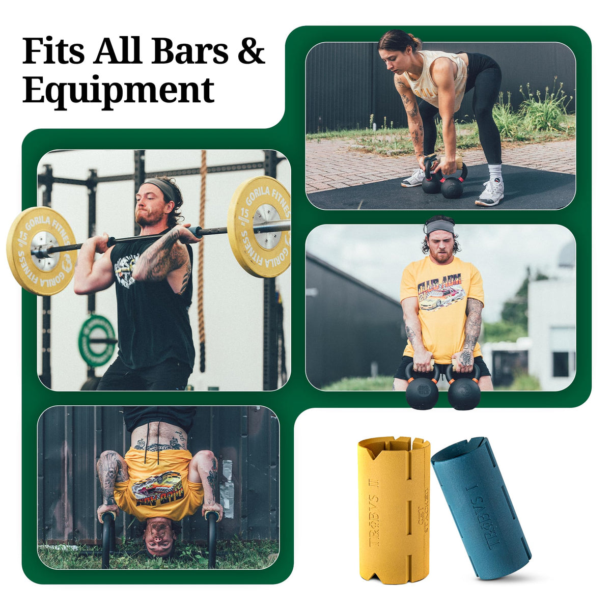 Tribus 2-in-1 Thick Grips for Dumbbells & Barbells (2.05" & 2.44”) — Thick Grips for Dumbbells Bars & Fitness Equipment — For Grip Strength & Arm Training, Non-Slip Heavy Duty Rubber