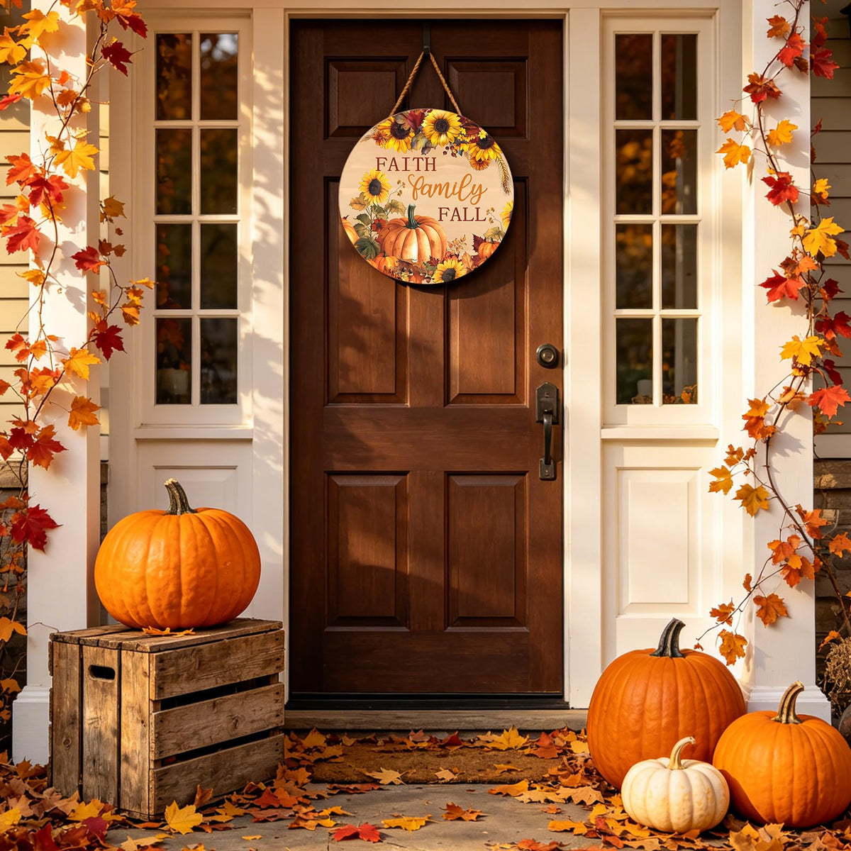 Faith Family Fall Front Door Sign Fall Sunflower Pumpkin Door Decorations Wood Sign Autumn Harvest Wreath Door Hanger Farmhouse Fall Plaques Wall Hanging Decoration for Home Proch Yard 12"x12"