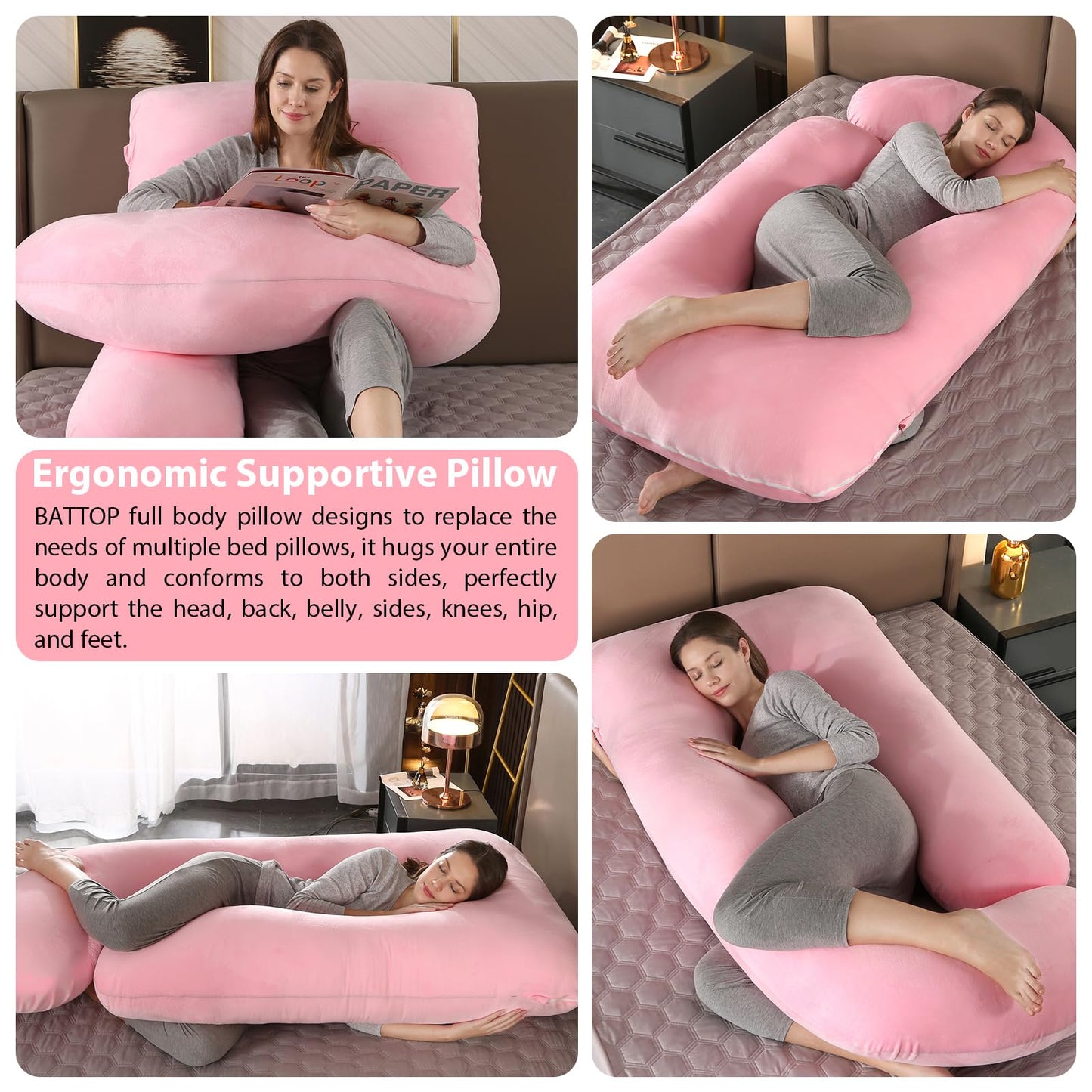BATTOP Pregnancy Pillows for Sleeping- U Shaped Full Body Maternity Pillow, Pregnancy Pillow for Side Sleepers with Removable Cover, Supports Back, Hips, Belly & Legs (Pale Pink)