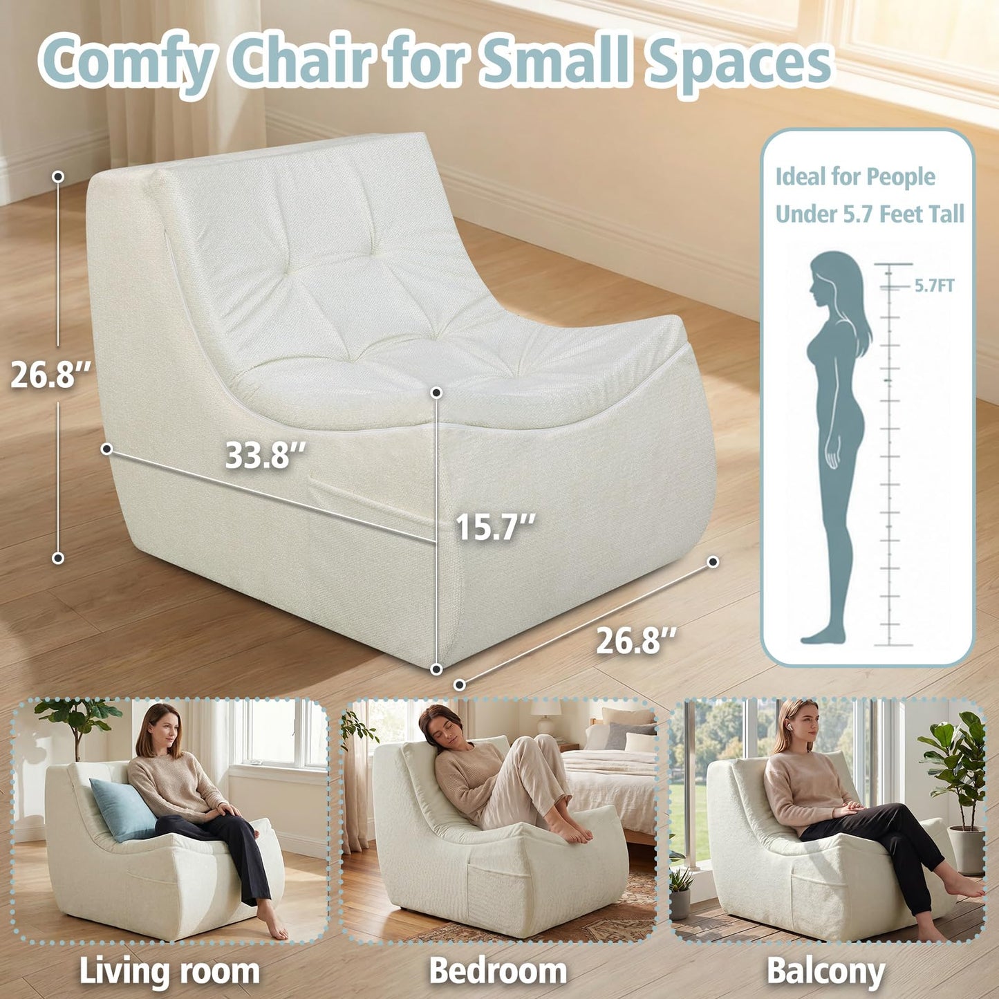 HAVARGO Boneless Single Sofa Memory Foam Couch Chair for Small Spaces, Compressed Accent Chair for Bedroom, Comfortable Single Seating, Cozy Reading Nook Lounge, 26.8X33.8X26.8 Inches Beige