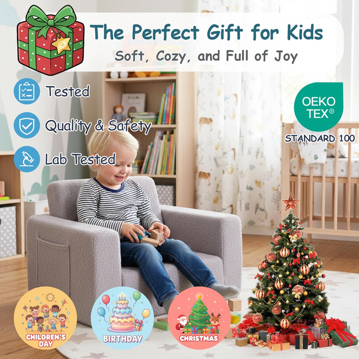 Tiita Kids Sofa, 2-in-1 Todder Couch, Convertible Children Couch to Lounger, Flip Out Kids Sofa Chair, Toddler Armrest Chair Bed, Folding Kids Play Sofa for Girl or Boy (Grey)