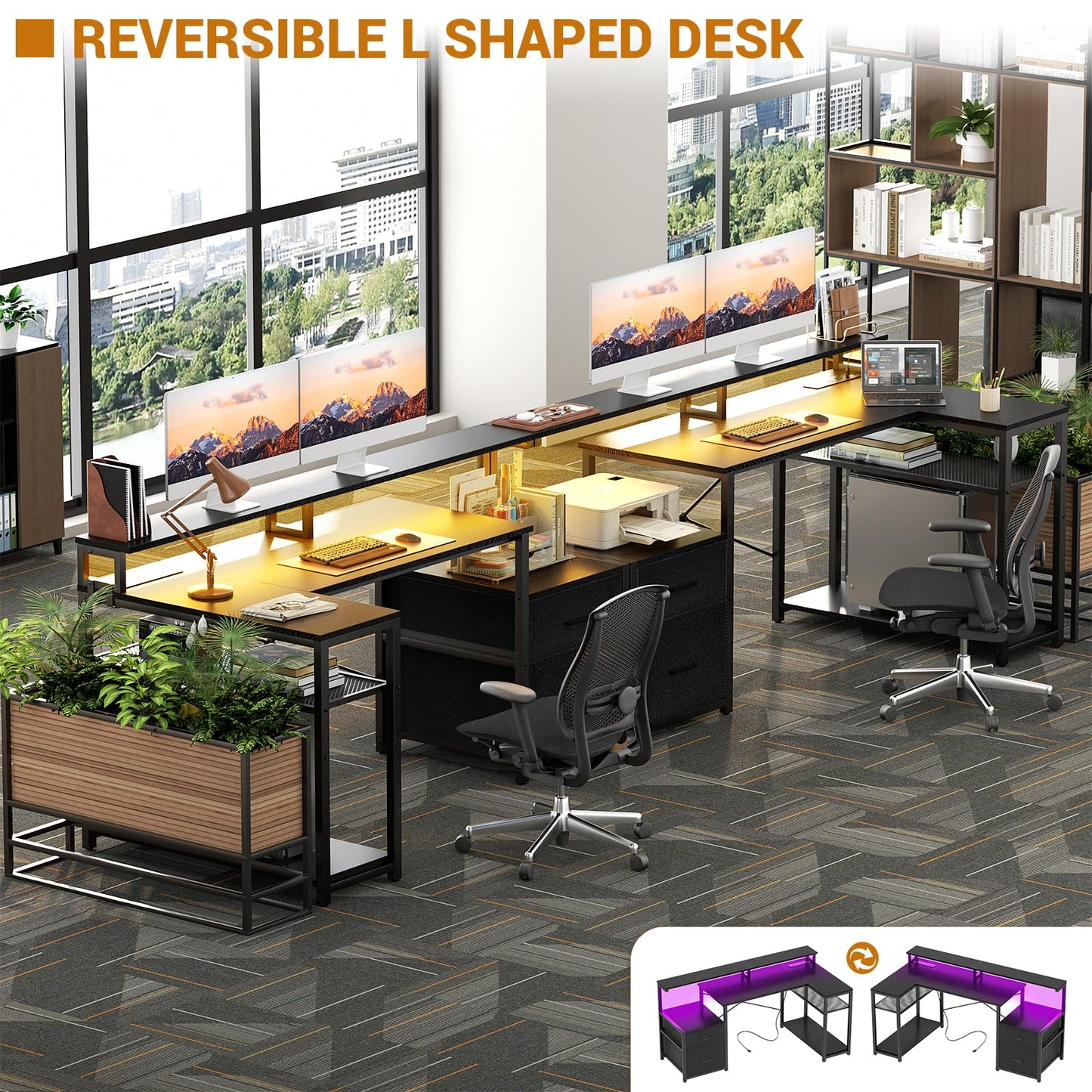 Aheaplus L Shaped Desk with File Drawer, Reversible L Shaped Computer Desk Gaming Desk with Power Outlet & LED Strip, Home Office Desk with Monitor Shelf, Corner Desk with Storage Shelves, Black