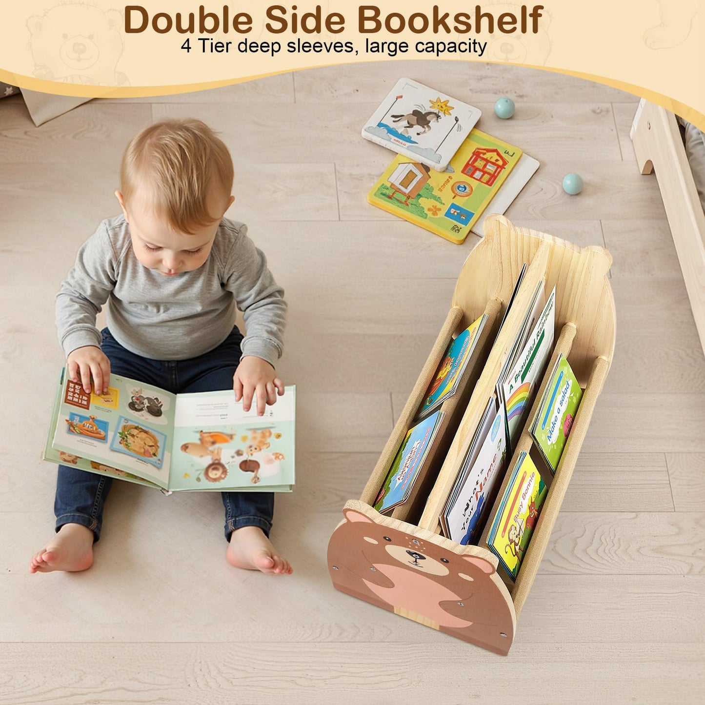 SheSeek Toddler Bookshelf Double-Sided with 4 Tier Deep Sleeves Kids Wooden Montessori Book Rack for Baby Nursery Room, Playroom, Classroom or Bedroom Bookcase Storage Organizer, Brown Bear