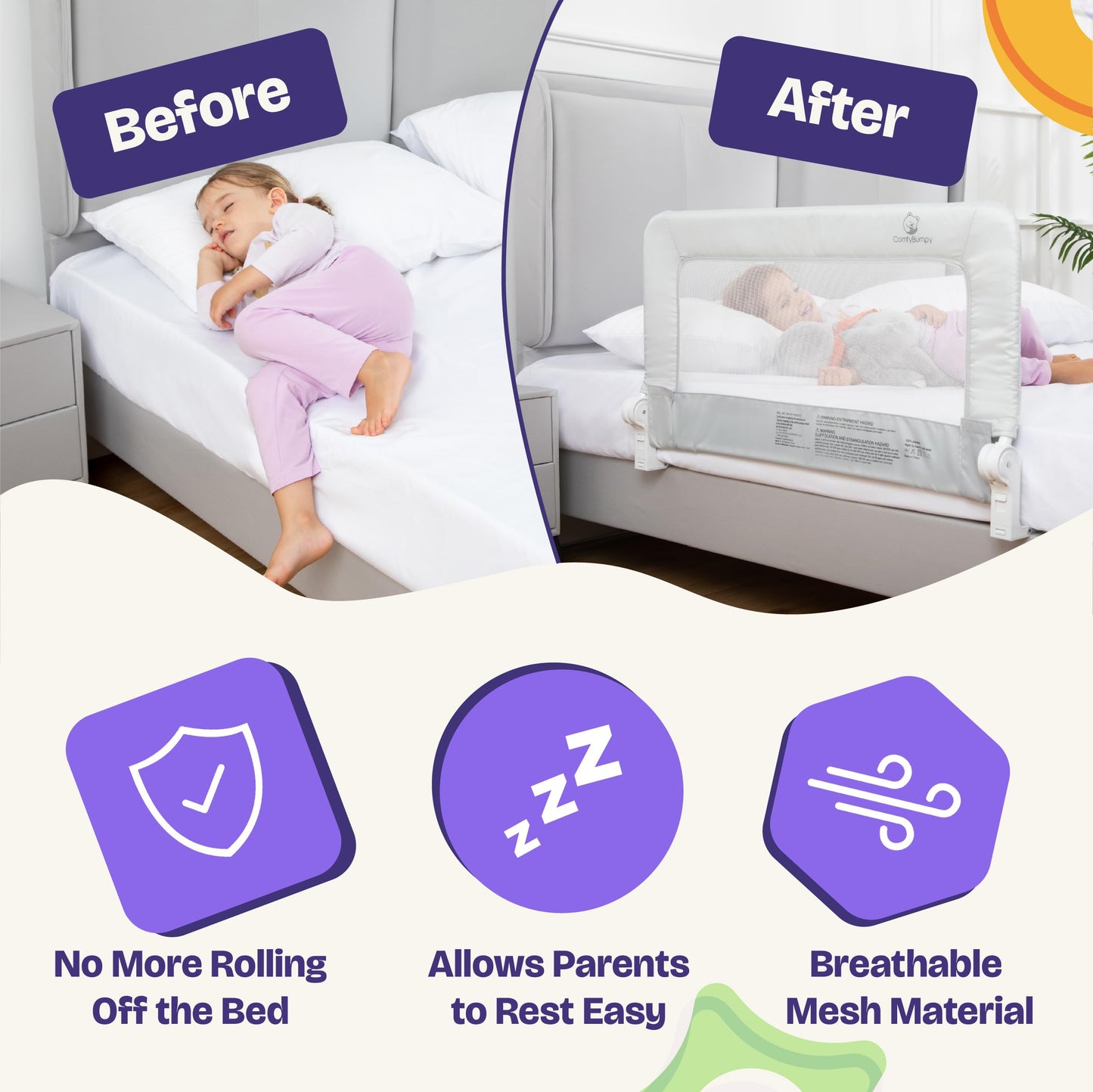ComfyBumpy 2-Pack Bed Rail for Toddlers 35.5" L x 19.5" H | Toddler Bed Rails for Twin, Full & Toddler Mattress Size | Swing Down Rail Guard | Mattress Side Rail for Kids | Gray
