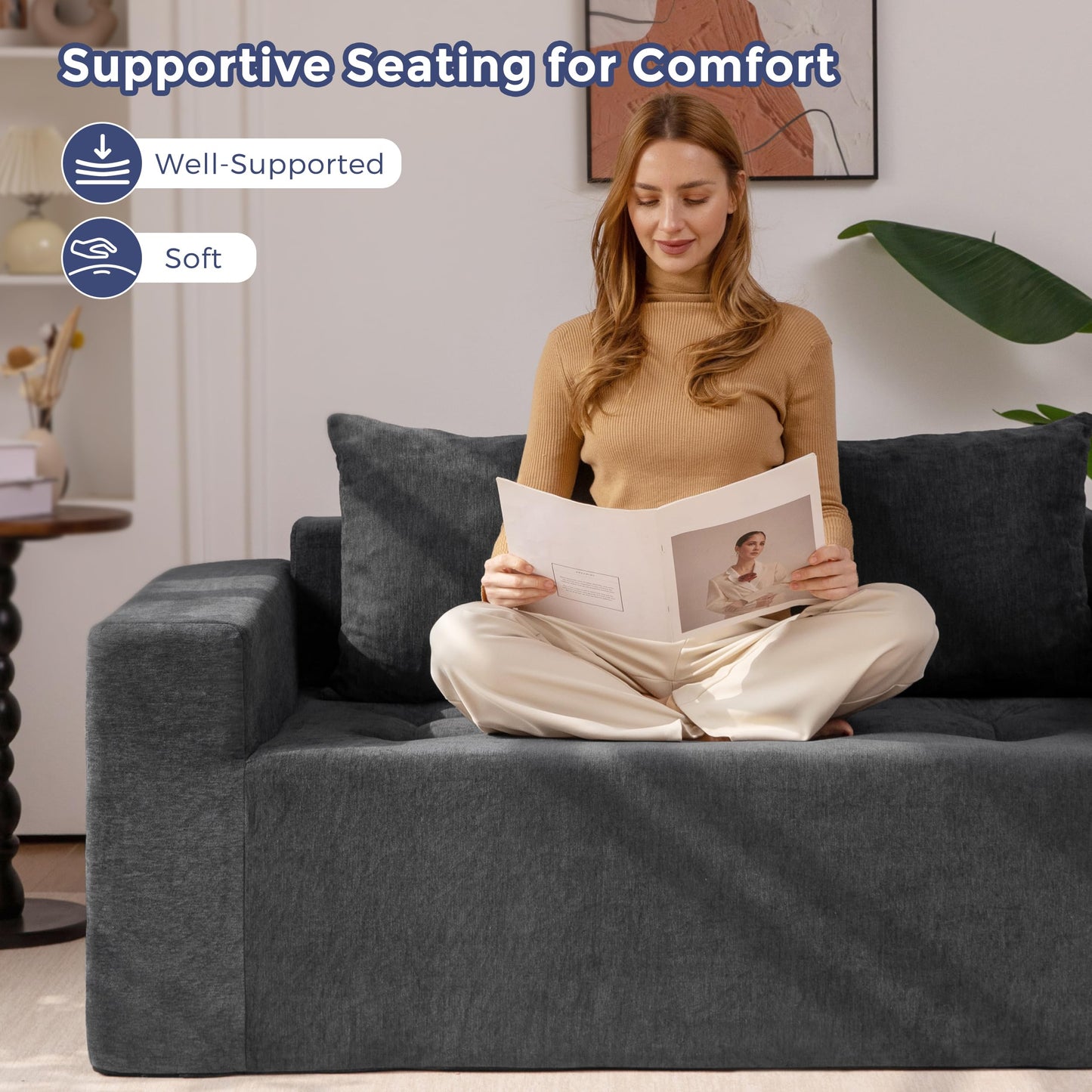 MAXYOYO Modular Sofa Couch, 61" Loveseat Boneless Cloud Couch with Deep Seat, Chenille Upholstered Living Room Comfy Sofa Chair for Living Room, No Assembly Required, Dark Grey