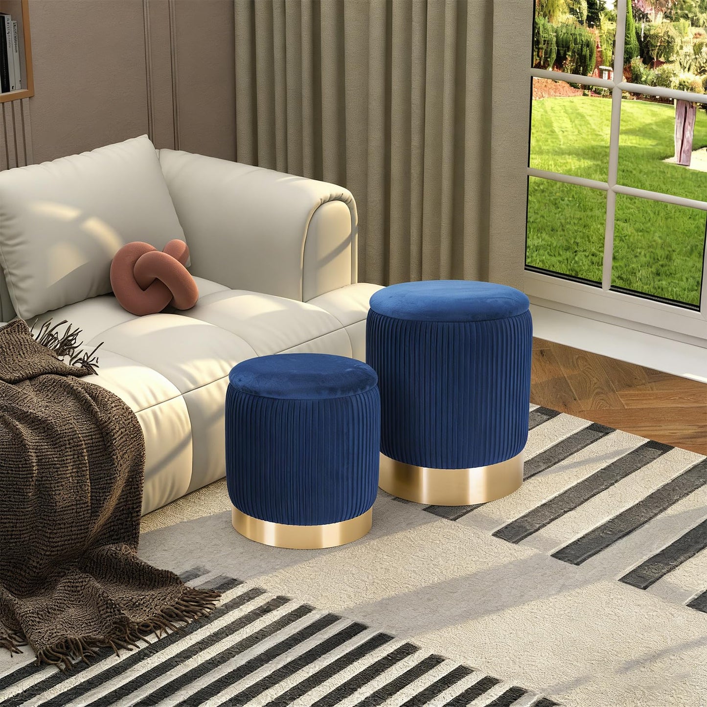 2BYF Blue Round Ottoman with Storage Set of 2 Upholstered Velvet Vanity Stool for Living Room Small Ottoman Coffee Table with Removable Lid Foot Stool for Living Room, Bedroom, Hallway, Assembly Free