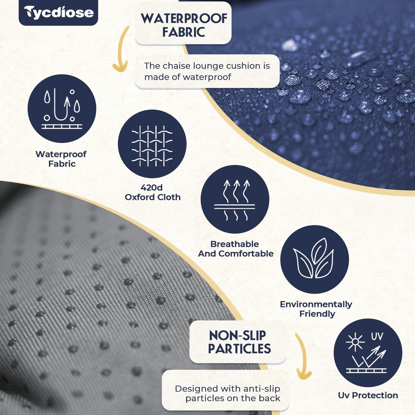 Tycdiose Waterproof Outdoor Chaise Lounge Chair Cushion 74.4 x 22 x 4.7 Inches Memory Foam Lounge Chair Cushions Replacement for Outdoor Furniture with Ties, Thickened Pool Lounge Chair Cushions, Blue