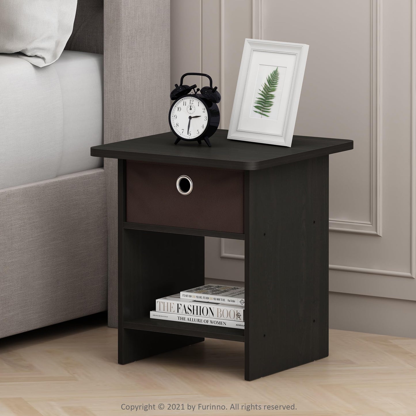 Furinno DARIO Side Table, Square End Table with Storage Bin, Round Corner Night Stand, Bedside Table with Open Back Shelf, for Living Room, Bedroom, Espresso
