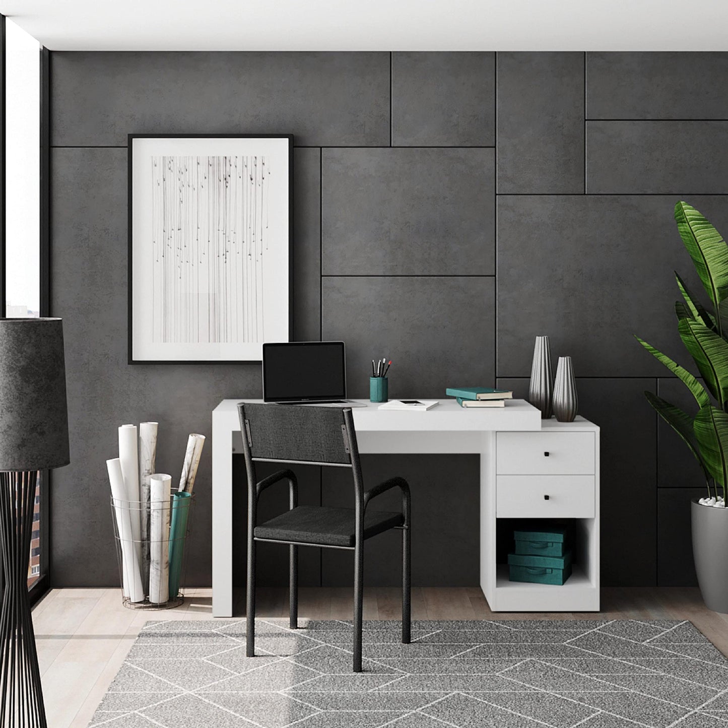 Expandable Desk with Storage Drawers & Open Shelf - Expands from 47 Inch to 57 Inch - White Computer Desk with Printer Space - Modern Home Office Table with Drawers - Techni Mobili Blanco Collection
