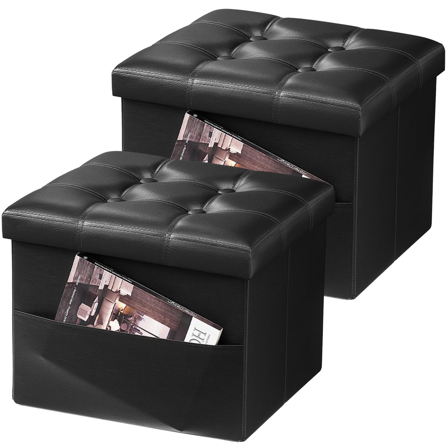 AmasSmile 2PC Storage Ottoman Folding Foot Rest Stool with Side Pocket, 16 inch Leather Footstool Bench, Short Ottoman Bench, Storage Foot Rest Store, Books, Black