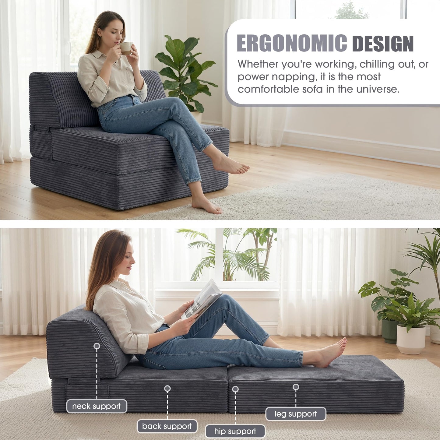 Kasunpul Folding Sofa Bed with Pillow, Memory Foam Fold Out Chair Bed, Convertible Sleeper Chair with Washable Cover, Futon Floor Couch for Living Room/Dorm/Guest Use/Home Office/Apartment, Gray
